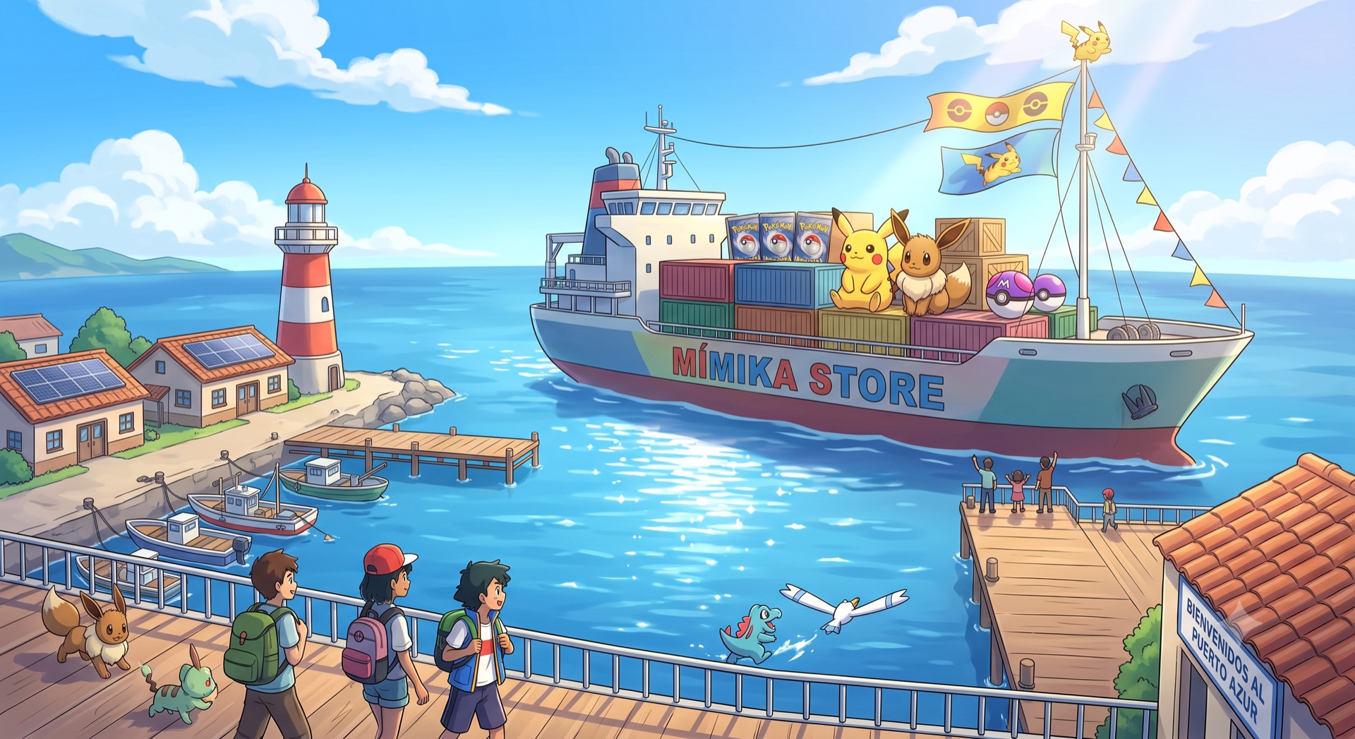 Barco cargado con sobres, cajas y peluches de Mímik Store llegando al puerto